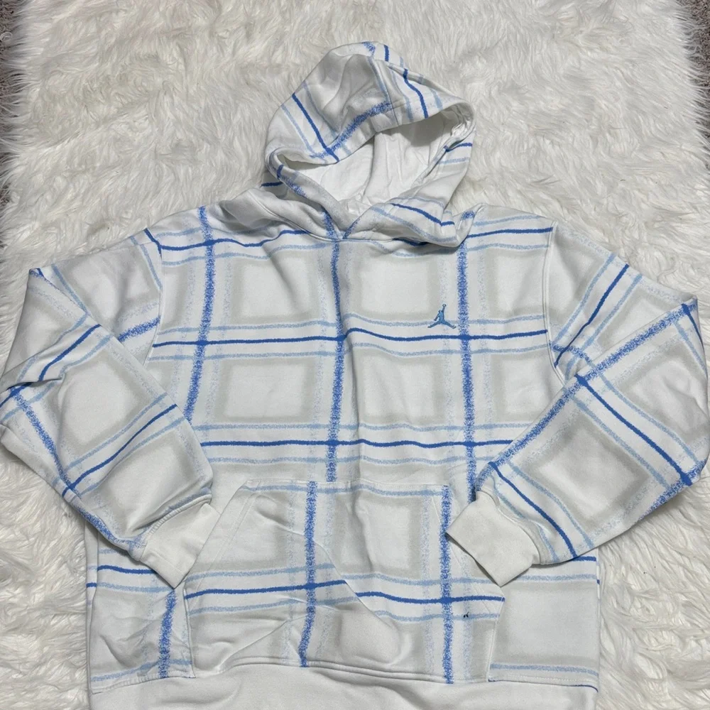 Men's jordan White & Light Blue Plaid Hoodie Sweatshirt